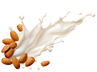Milk splash with almonds isolated on transparent background 