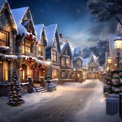 Fototapeta na wymiar Beautiful winter cityscape with snow covered houses and street lamps.