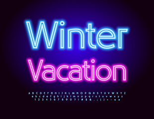 Vector neon Poster Winter Vacation. Bright Glowing Font. Electric Alphabet Letters, Numbers and Symbols set
