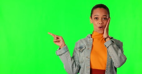 Green screen, mockup or woman surprise, pointing and looking at promo notification, news announcement or sales deal. Wow discount space, chroma key portrait or shocked person OMG on studio background