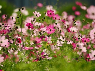 花びらに夕日の光が透けるコスモスの花畑