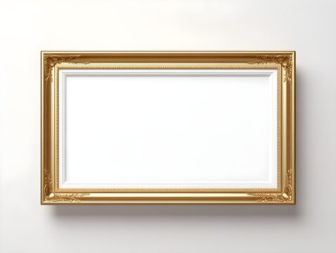 On the wall of an auction house or museum display, an ancient golden art fair gallery frame. Blank template with white copyspace for mockup design. Generative AI.