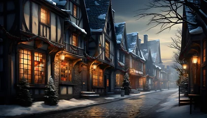 Poster Panorama of a street in the winter in the city at night © Iman