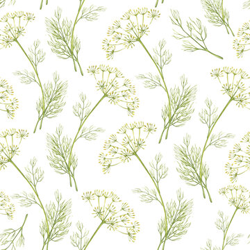 Dill. Seamless pattern of greenery. Gardening. Watercolor illustration. For textile design, packaging and backgrounds