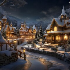 Fototapeta na wymiar Winter night in the village. Winter fairy tale. 3d rendering