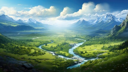 Naklejka premium mountain valley beautiful panorama landscape illustration river summer, view environment, lake sky mountain valley beautiful panorama landscape