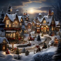 Christmas and New Year holiday background with winter village. Digital painting.