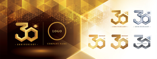 30th Anniversary logotype design, Thirty years anniversary celebration. Abstract Hexagon Infinity logo, 30 Years Logo golden for celebration event, - obrazy, fototapety, plakaty