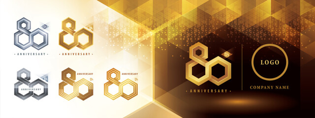 80th Anniversary logotype design, Eighty years anniversary celebration. Abstract Hexagon Infinity logo, 80 Years Logo golden for celebration event - obrazy, fototapety, plakaty