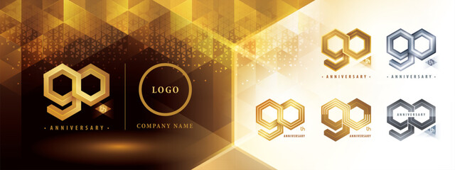 90th Anniversary logotype design, Ninety years anniversary celebration. Abstract Hexagon Infinity logo, 90 Years Logo golden for celebration event - obrazy, fototapety, plakaty