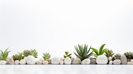 a row of succulent plants and white stones on a white background, creating a peaceful and modern aesthetic