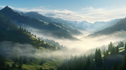 Obraz premium winter mountain travel forest landscape illustration mist morning, outdoor hill, beautiful natural winter mountain travel forest landscape