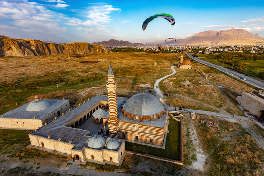 Aerial view of Castle of Van, Van Great Mosque, Kaya Celebi Mosque, paramotors and ruins of Tushpa, Van, Turkey.