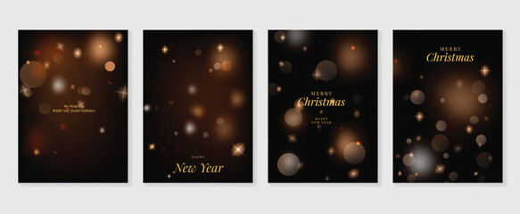 Fototapeta na wymiar Luxury merry christmas and happy new year invitation card design vector. Gold twinkling stars on black gradient background. Design illustration for cover, print, poster, wallpaper, decoration.