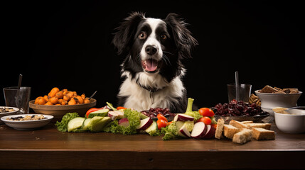 A dog sits in front of healthy dog food