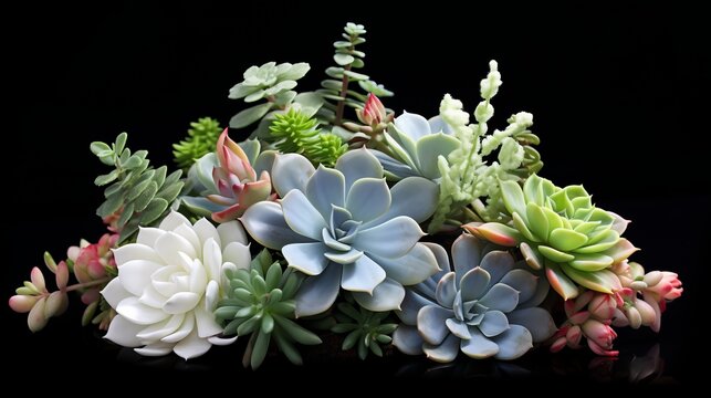 A group of succulent plants on a black background. This image shows a mound of succulent plants and cacti of various colors and shapes.
