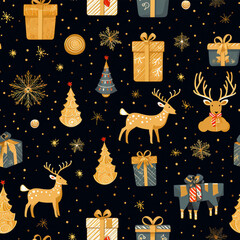 Christmas background seamless, gift boxes, golden ball, candy, snowflakes, reindeer.