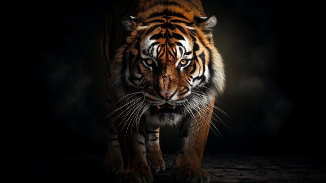 Cruel tiger looking ahead. it is one of the big cat species and is known for its distinctive orange-brown fur with black stripes. 