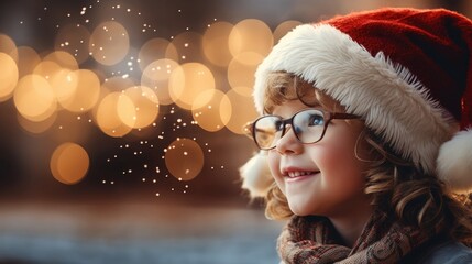 A young kid with curls and a Santa hat, surrounded by a blur of Christmas lights.
