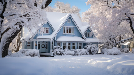 A snow-covered house in winter with lots of snow in the cold season