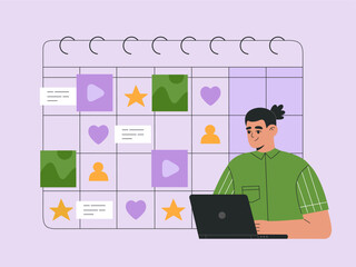 Man marketer with laptop makes a content plan on calendar. Concept of social media planning, internet marketing. Hand drawn colored vector illustration isolated on purple background flat cartoon style