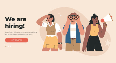 Recruiting agency, hiring concept. Hr managers searching new candidates for job vacancy. Landing page template. Hand drawn vector illustration, isolated on light background, flat cartoon style.