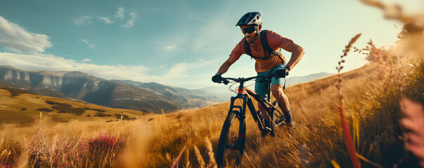 A man on a mountain bike rides downhill in beautiful nature.