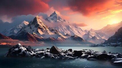 Fantasy landscape with mountains and lake. Panoramic view.