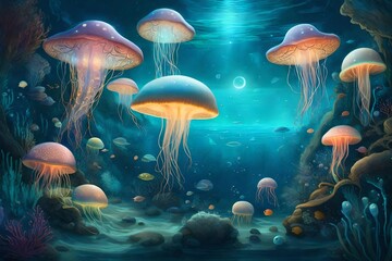 Fototapeta na wymiar A surreal, underwater world with bioluminescent jellyfish and otherworldly sea creatures in a mesmerizing, illuminated seascape. --