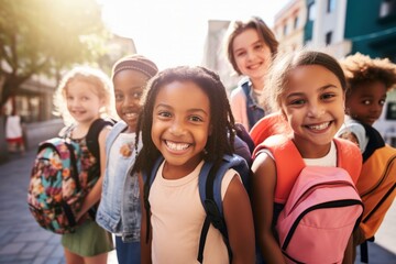 Happy smiling multiethnic kids posing for group portrait in a school yard. Cheerful schoolchildren hugging and looking at camera. Kids of different skin color go to school together. Diversity concept.