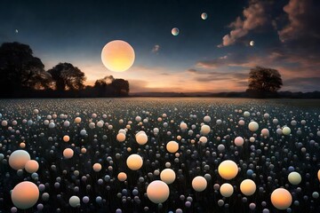 A surreal, dreamlike field of floating, luminescent orbs hovering in a twilight sky. --