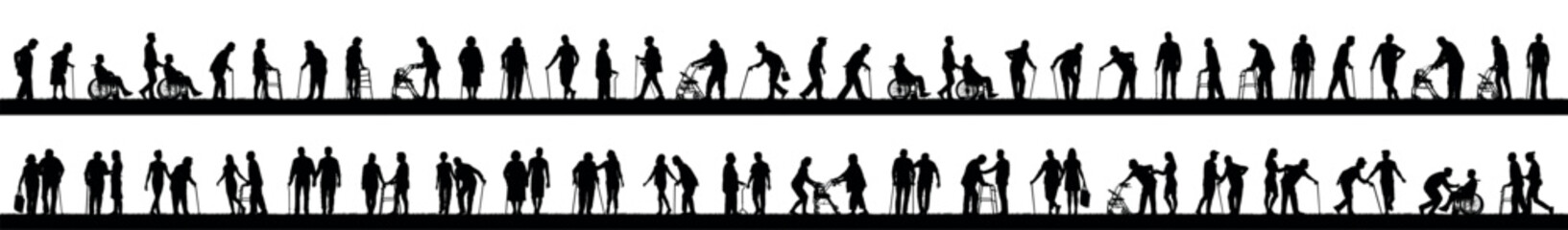 Senior elderly people with walking aids outdoors activities vector silhouette set collection. Caregiver helping senior people walking using walking aid in park silhouette set collection.