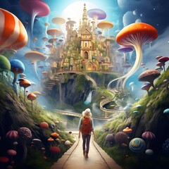Little girl exploring fantasy world with fantasy castle and flying saucers