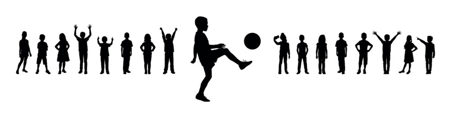 Boy performing football freestyle in front group of kids vector black silhouette.