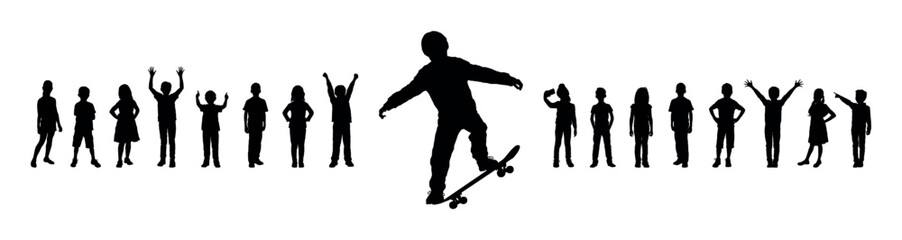 Obraz premium Boy playing skateboard in park in front of group of children vector black silhouette.