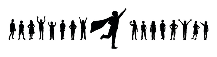Happy boy with superman costume posing in front group of kids vector silhouette. - obrazy, fototapety, plakaty