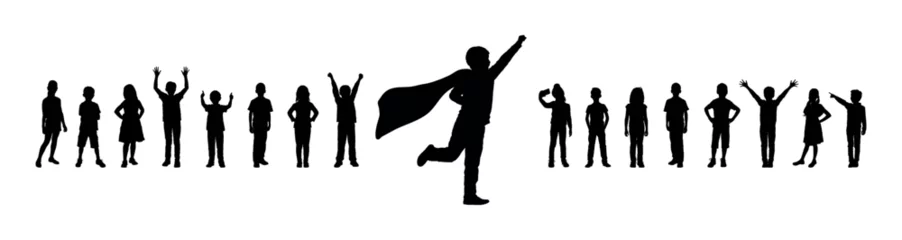 Foto op Canvas Happy boy with superman costume posing in front group of kids vector silhouette. © Andreas