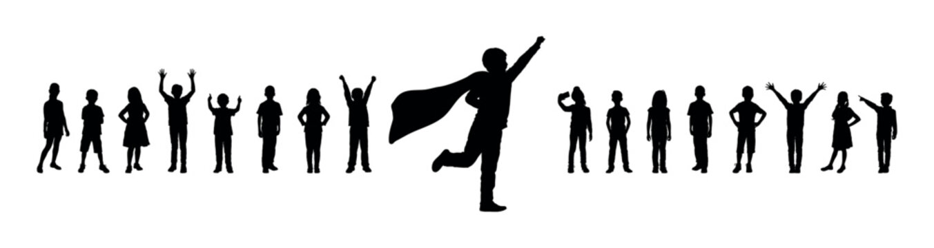 Happy boy with superman costume posing in front group of kids vector silhouette.