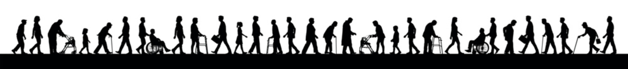Disabled people with walking aids walking in crowd people street vector infographic silhouette set. - obrazy, fototapety, plakaty