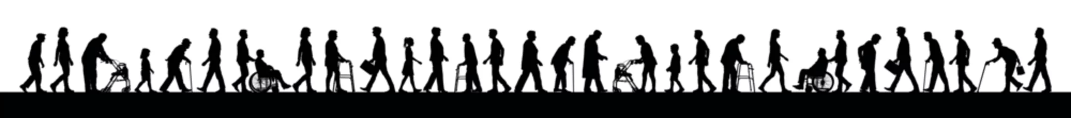 Fotobehang Disabled people with walking aids walking in crowd people street vector infographic silhouette set. © Andreas