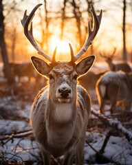 Fallow deer in winter forest at sunrise. Wildlife scene from nature.