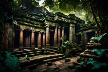 An ancient, mysterious temple ruins engulfed by lush tropical jungle, with ornate stone c