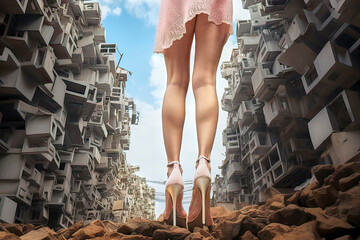 Surreal Image with Rear View of Women's Legs in High Heels in a Short Dress Among High-Rise Buildings with Unreal Balconies - obrazy, fototapety, plakaty