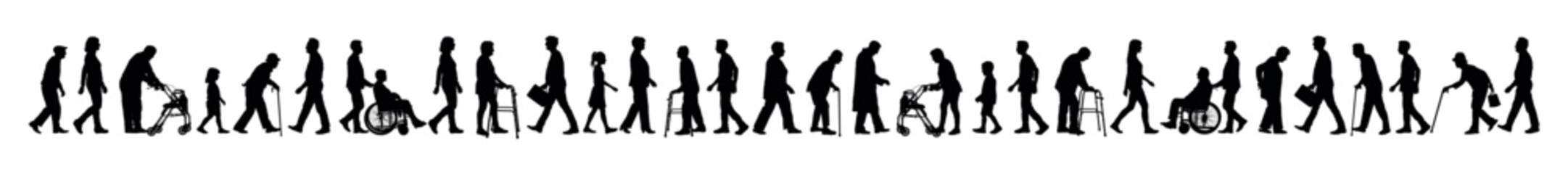 Elderly people with walking aids walking on crowded city street side view vector black silhouettes.