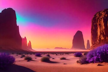 A surreal, alien desert landscape with towering rock formations, iridescent flora, and a sky filled...