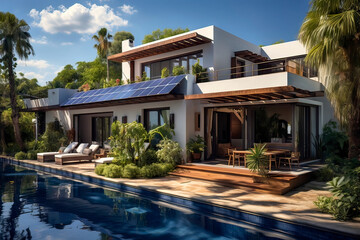Fototapeta premium Bungalow in Tropical Setting with Solar Panels on the Roof and a Pool in the Garden