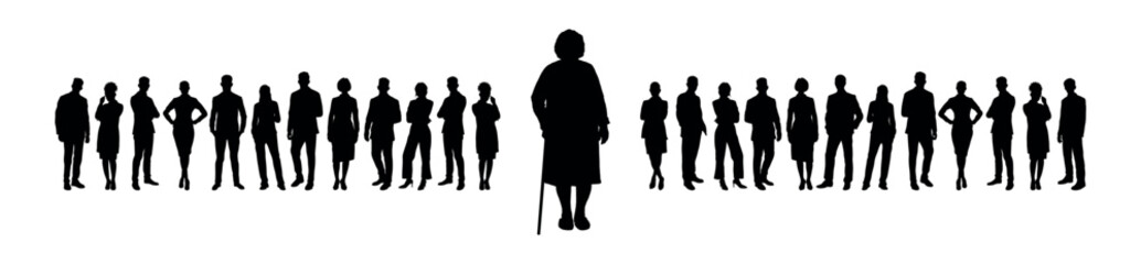 Elderly woman with cane standing in front of large group of young people vector silhouette set.