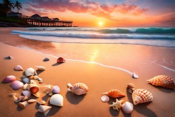 A serene beach at sunset, with gentle waves, a colorful sky, and seashells scattered along the...