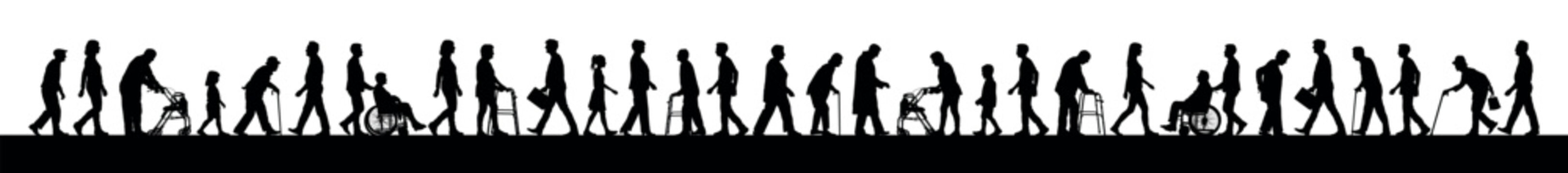 Disabled people with walking aids walking in crowd people street vector infographic silhouette set.