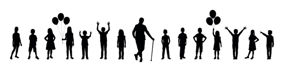 Grandmother with cane standing together with grandchildren bonding together vector silhouette. - obrazy, fototapety, plakaty